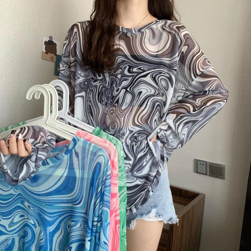 Tie-Dye Water Wave Pattern Mesh Sun Protection Cover-up Summer Trendy Korean Style Loose Long-sleeve Internet Celebrity T-shirt Sheer Top