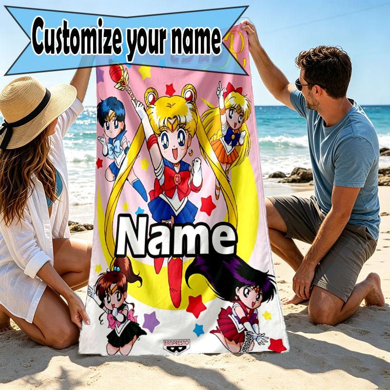 Custom Name Personalized Sailor Moon Print Beach Towel, for Trip Camping Beach Party Home Decor, Birthday Gift for Family & Friends