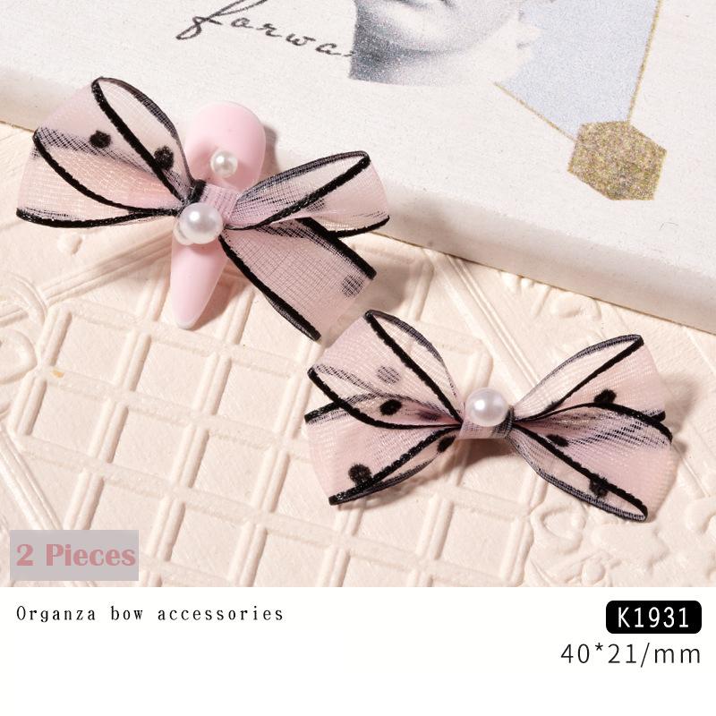 2Pcs Organza Bow Nail Art Decorations Retro Pearl Lace Ribbon Charm Manicure Accessories