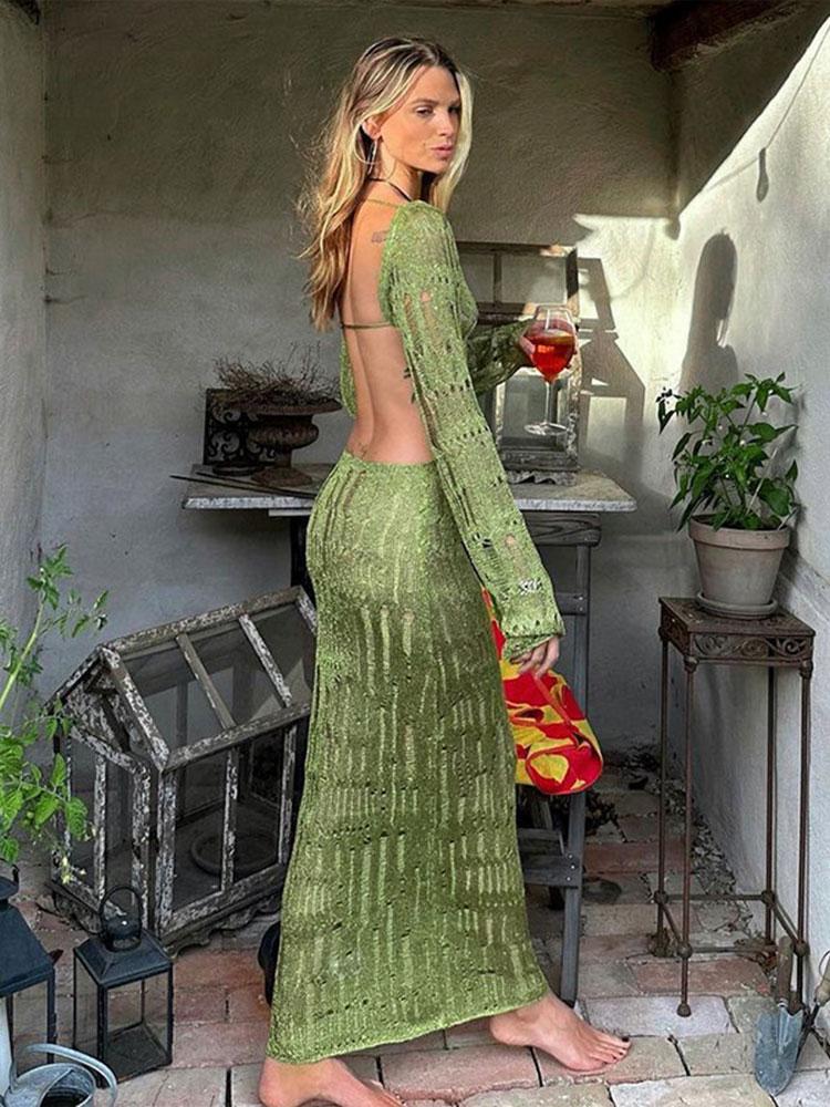 EDOLYNSA 2024 Sexy Backless Slim Cut Out Party Beach Maxi Dress Tricotat Beachwear Femei Piscina Vacanta Costum de baie Bikini Cover-up A2754