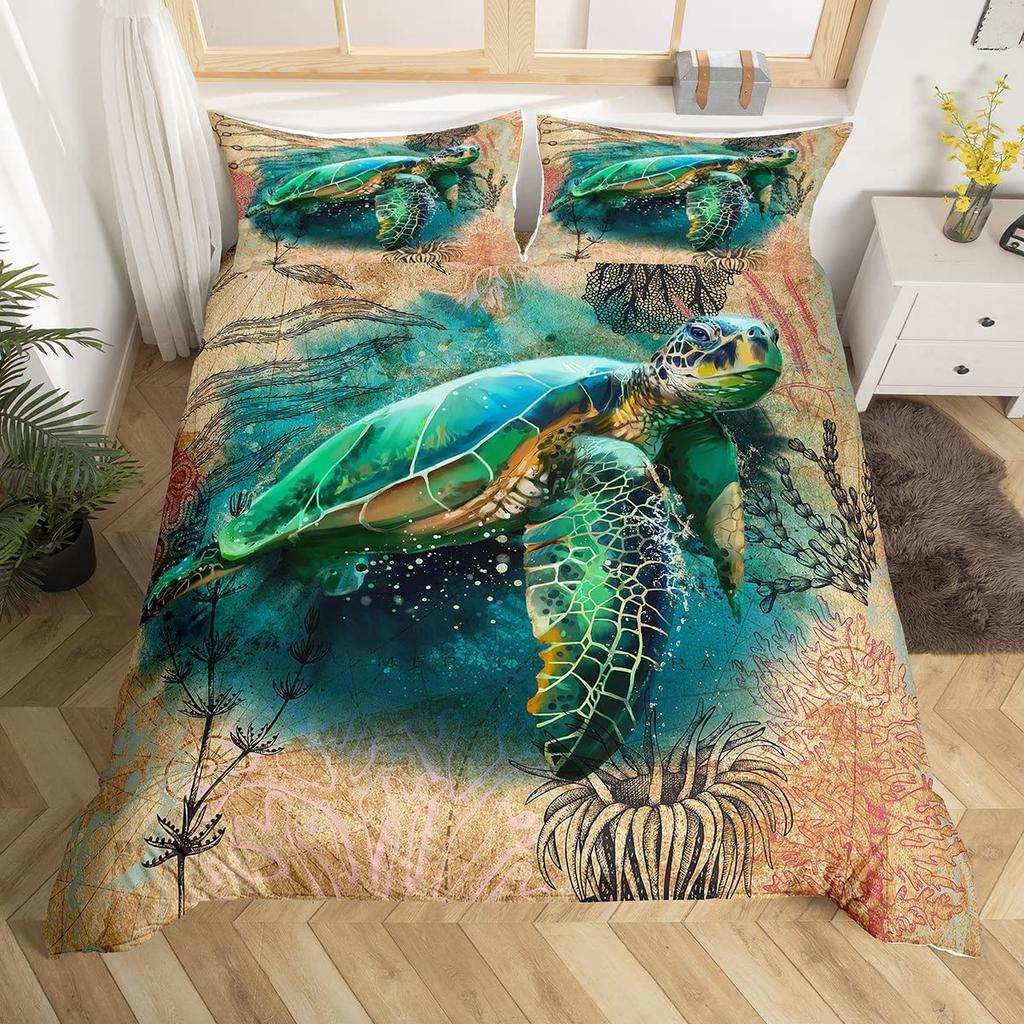 Sea Turtle Duvet Cover Set King Size Watercolor Tortoise Butterfly Comforter Cover for Boys Girly Dreaming Style Bedding Set