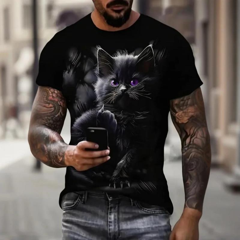 Men's T-shirt Outdoor Casual Summer Round Neck Tops Short Sleeve 3D Cat Printed Pattern Polyester Loose Men's Clothing