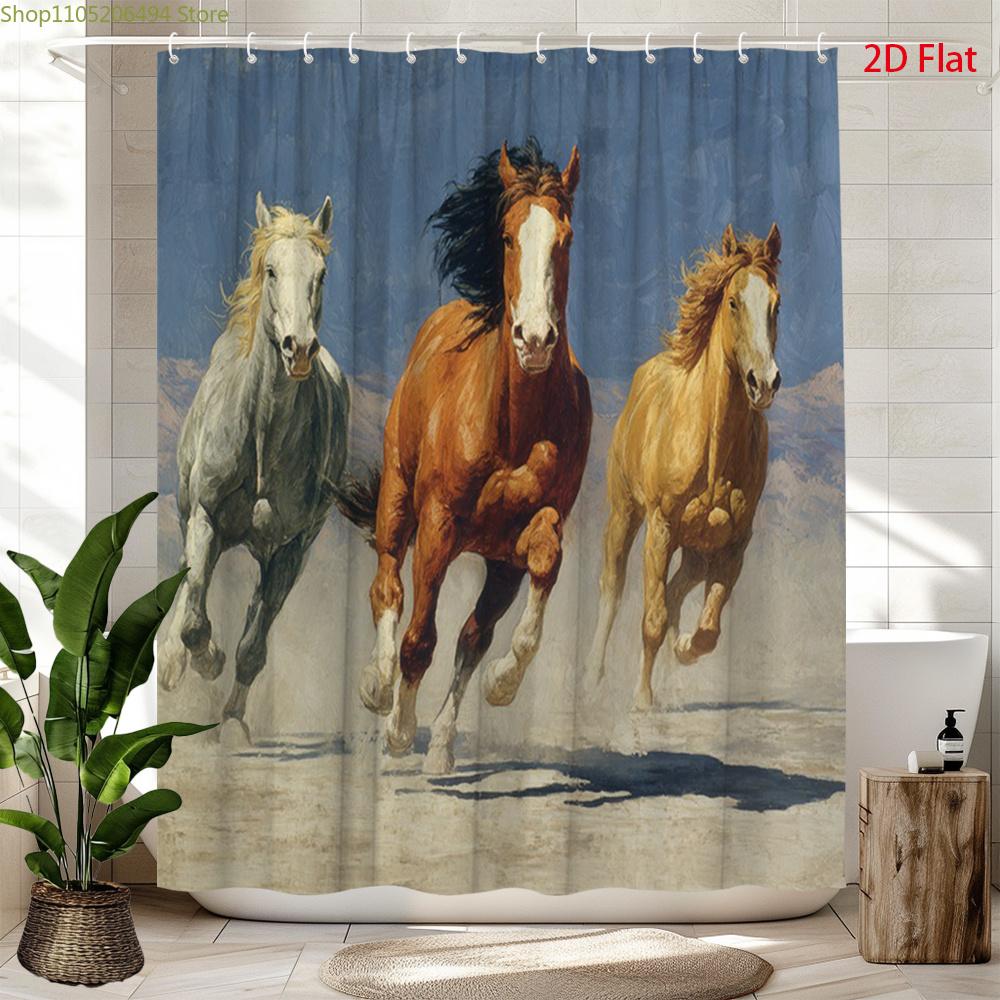 2D Flat, 2D Flat, 1Pc 2D Flat Horse Running Shower Curtain | Polyester Fabric, Vintage Art Nature Scene, Bathroom Decor, Inclu