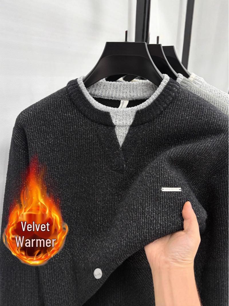 Men s Winter V-Neck Sweater, Fake Two-Piece, Plus Velvet, Thick Warm Knit Base Layer XXL