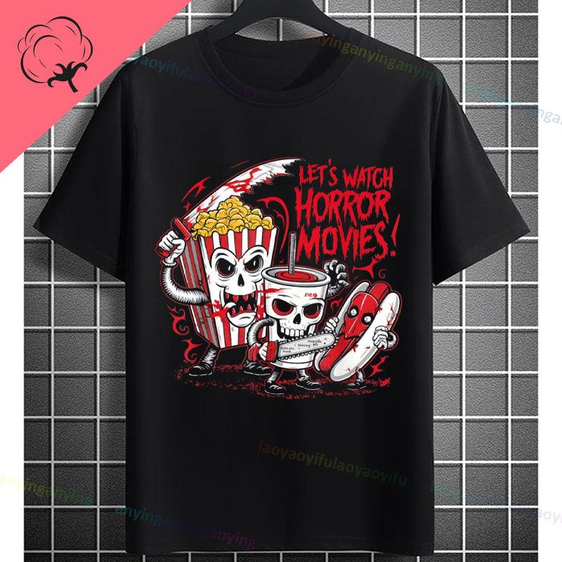 Retro Lets Watch Horror Movies Design Halloween Movie Lovers Graphic Tshirt Short Sleeve 100cotton Originality Casual Tshirt