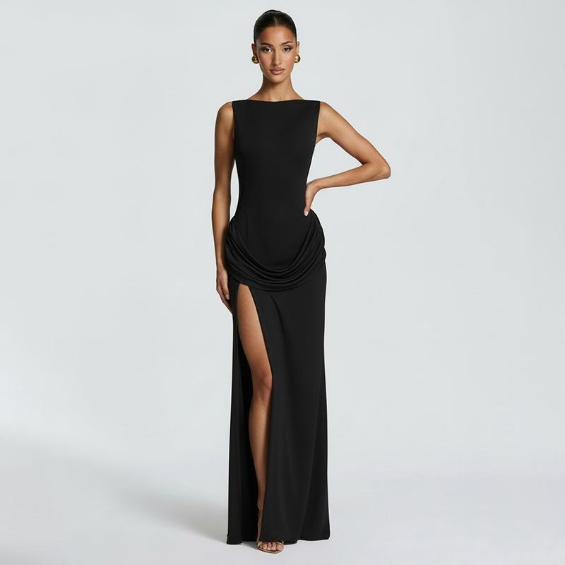European and American women's clothing summer new solid color casual back drop neck sleeveless slim slit backless dress