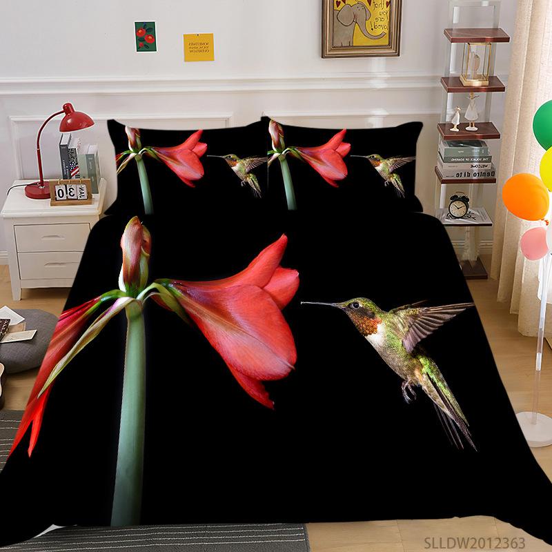 Hummingbird Duvet Cover Set King/Queen Size Small And Cute Tropical Bird Yellow Flower Green Leaves  Bedding Set Women