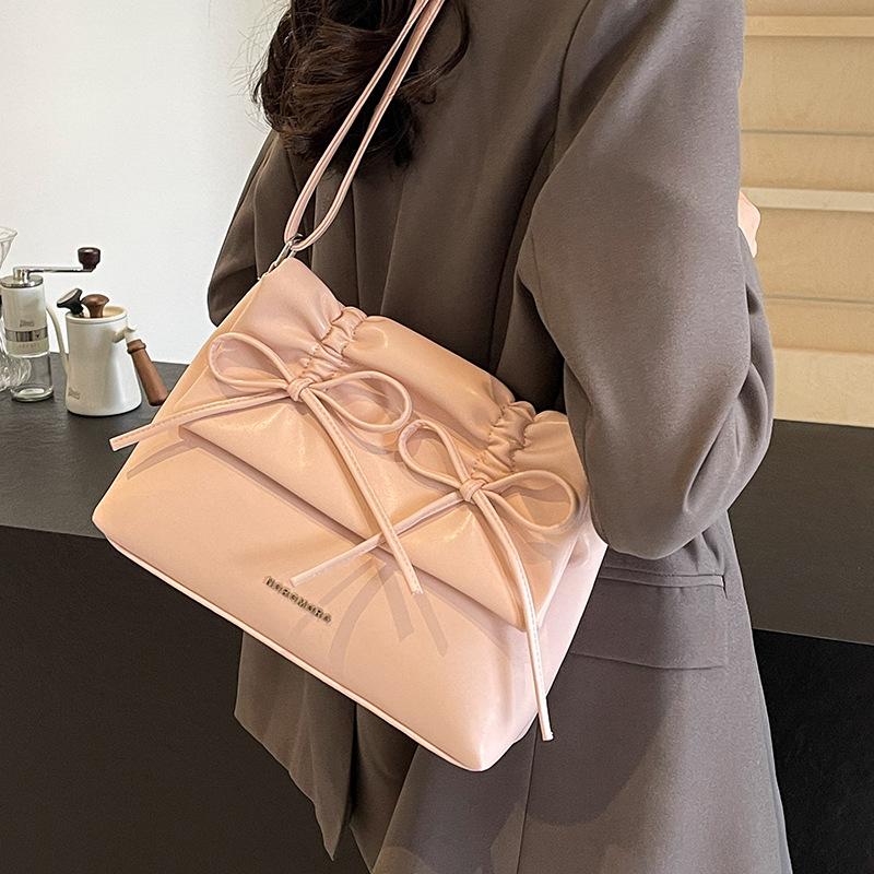 Women Bowknot Pu Shoulder Bag Large Capacity Bag With Adjustable Shoulder Strap Shopping Bag Stylish Fashion Solid Color Handbag