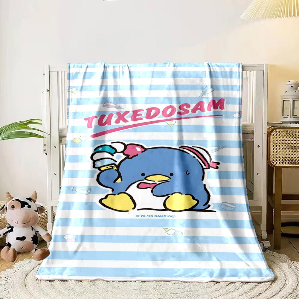 

Blue and white stripes with a cartoon penguin and scattered ice cream icons. for all seasons blanket lunch break throw gift 80cm x 120cm