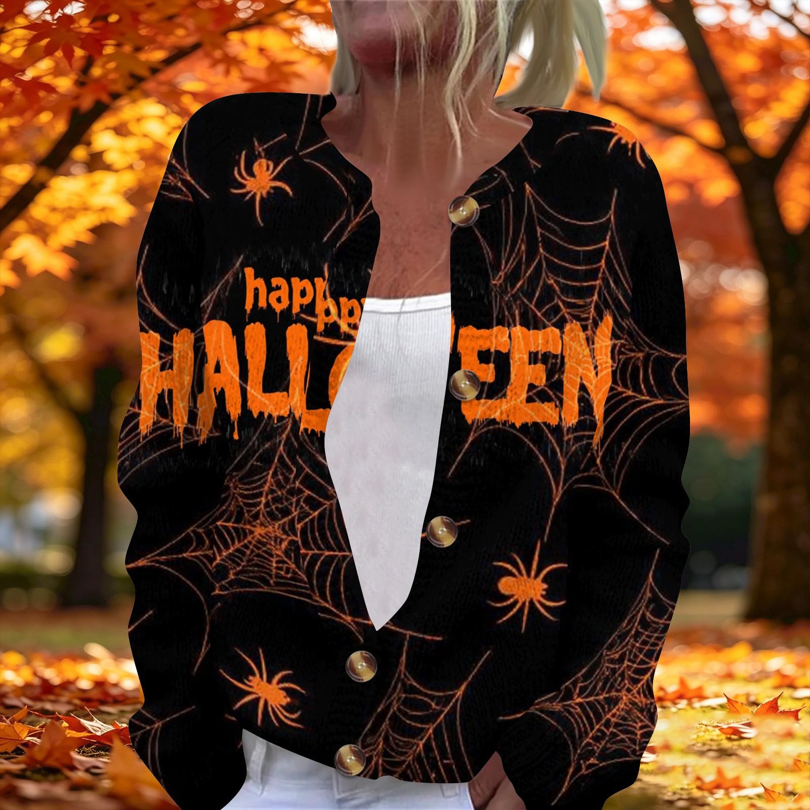 Women s Long Sleeve Knit Cardigan with Halloween Print Button Front for Fall Party XL