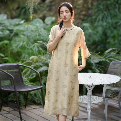 Kadın Çin Tarzı Elbise Standı Yedi Kollu Baskılı Çiçekli Yazlık Vintage A-Kesim Kadın Elbiseleri