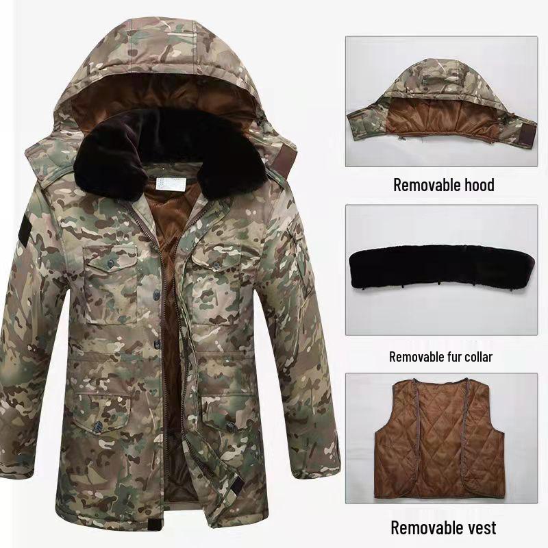 Men's and Women's Army Green Camouflage Winter Coat, Cotton-Padded, Mid-Length, Plus Velvet, Thickened for Cold Protection.