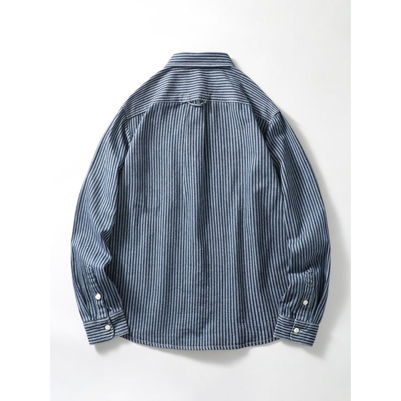 Japanese Style Vintage Stripe Denim Shirt Jacket Men Trendy Brands Autumn Long Sleeve Export Men's Clothing Casual Work Clothes Shirt