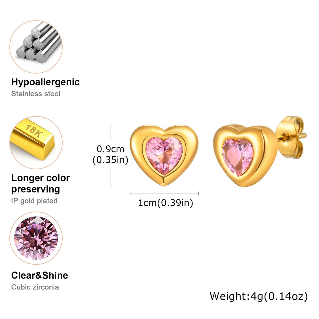 Chic Heart-shaped Zircon Stud Earrings,Gold Plated Stainless Steel Waterproof Earrings for Women,Exquisite Jewelry Gift