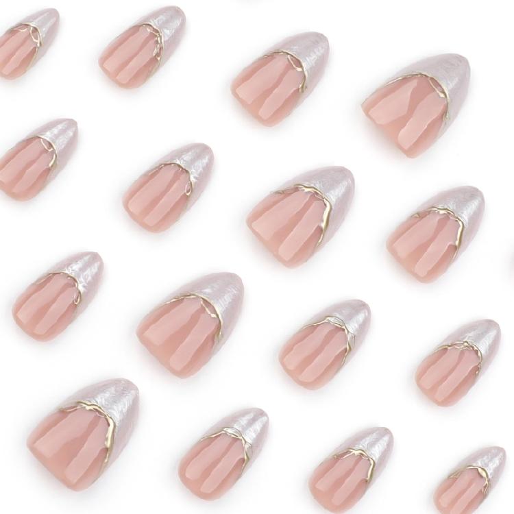 24 Peças de Unhas Postiças Amêndoa Curta com Pontas Francesas Brancas com Design de Linha Dourada 3D para Decoração de Manicure DIY Nail Art