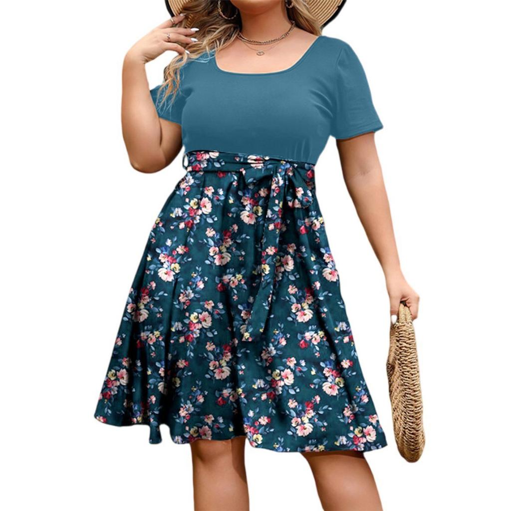 Damen Modisches Und Trendiges Rundhals Kurzarm Kleid Mit Taillenprint In Übergröße
