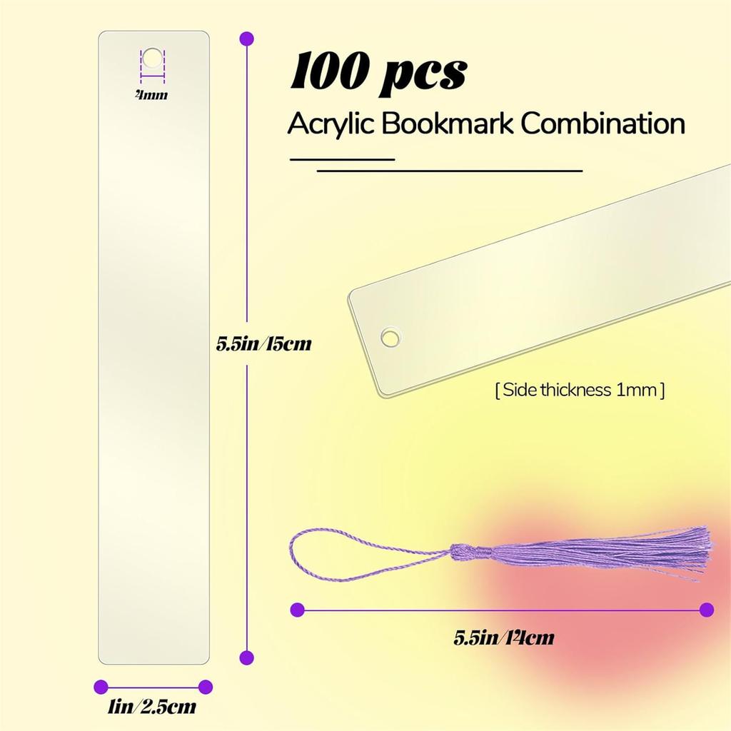 Set of 200 DIY Acrylic Blank Bookmarks Colorful Tassels Bookmark for Crafting and Labeling Jewelry Making Supplies