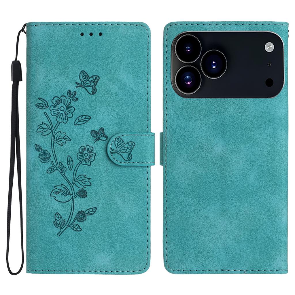 For iPhone 17 Pro Max Case Leather Imprinted Flower Phone Cover Wallet with Wrist Strap