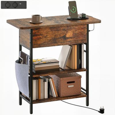 Side Table Nightstand with Power Strip, 2 Shelves, USB Ports, 60 X 29.8 X 58.5 Cm, Rustic Brown