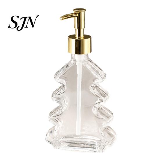 Glass Hand Soap Pump 300ml Christmas Tree Dispenser, Dish Dispenser with Pump, Hotel Guest Room Supplies Xmas Decorative Empty Bottle for Soap,