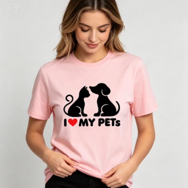 Cotton Tee Minimalist Cat Dog Kiss Silhouette With Love Text Graphic Animal Lover Simple Black Print Breathable Basic Tshirt