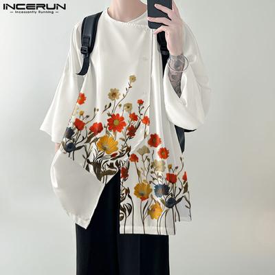 Men Round Neck 3/4 Sleeve Floral Print Shirts Irregular Button Down Splits Tops