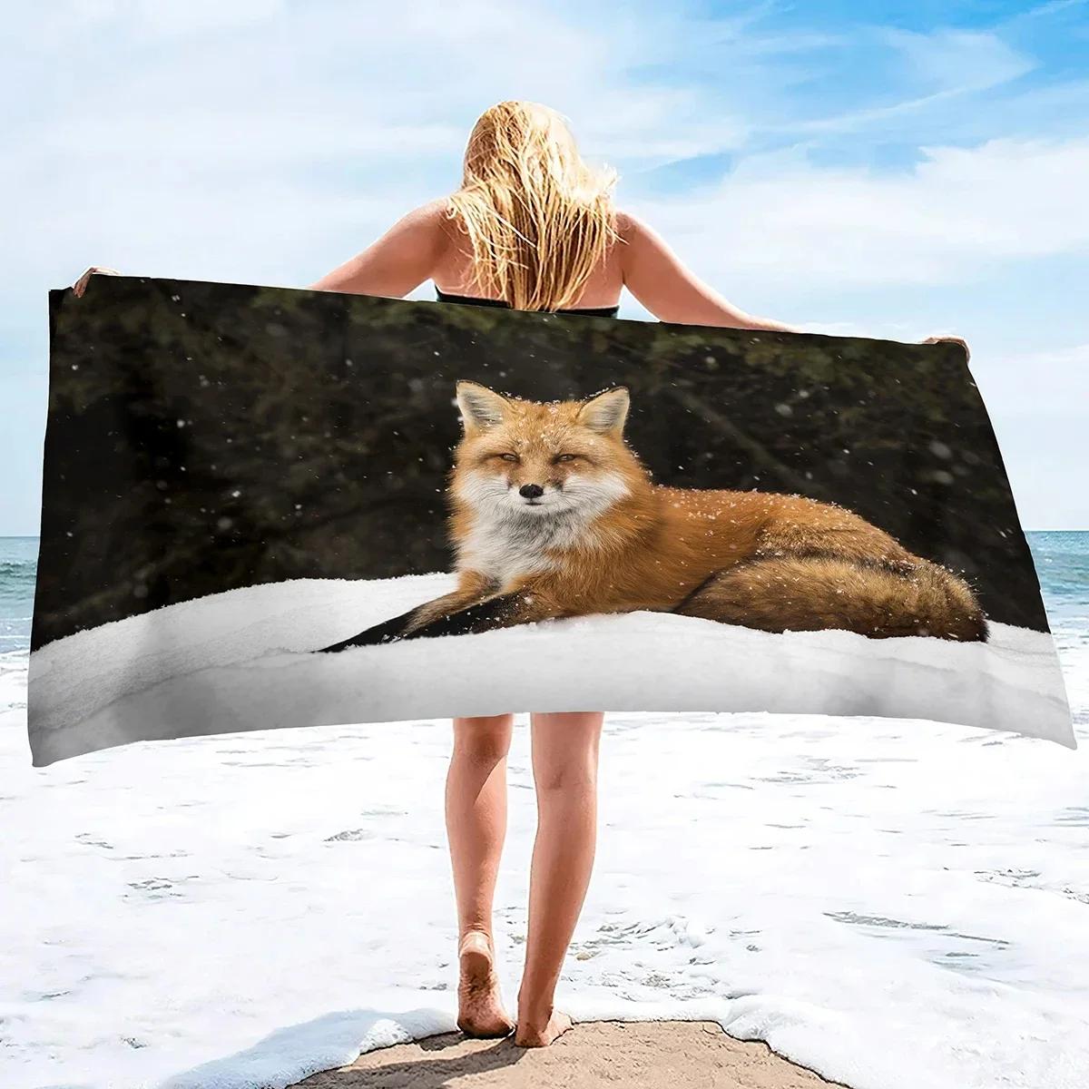 Serviette de Plage Renard Mignon Serviettes de Bain Animaux Sauvages Serviette de Salle de Bain Sport Bar pour Adultes Enfants Microfibre Douche Séchage Rapide Housse de Natation W65*H115(CM)