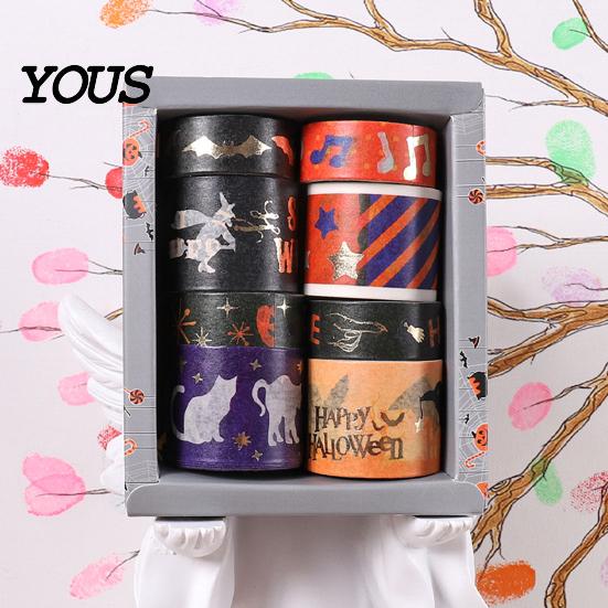 Pumpkin And Bat Washi Tape 8 Rolls Halloween Tape, Spooky Witch Cat Pattern Decorative Hot Stamping for Junk Journaling Supplies, Scrapbooking,