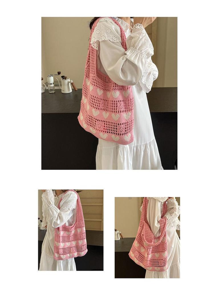 2024 Women's Heart Cutout Knitted Tote: Large-Capacity Handbag, Beach & Shopping Bag