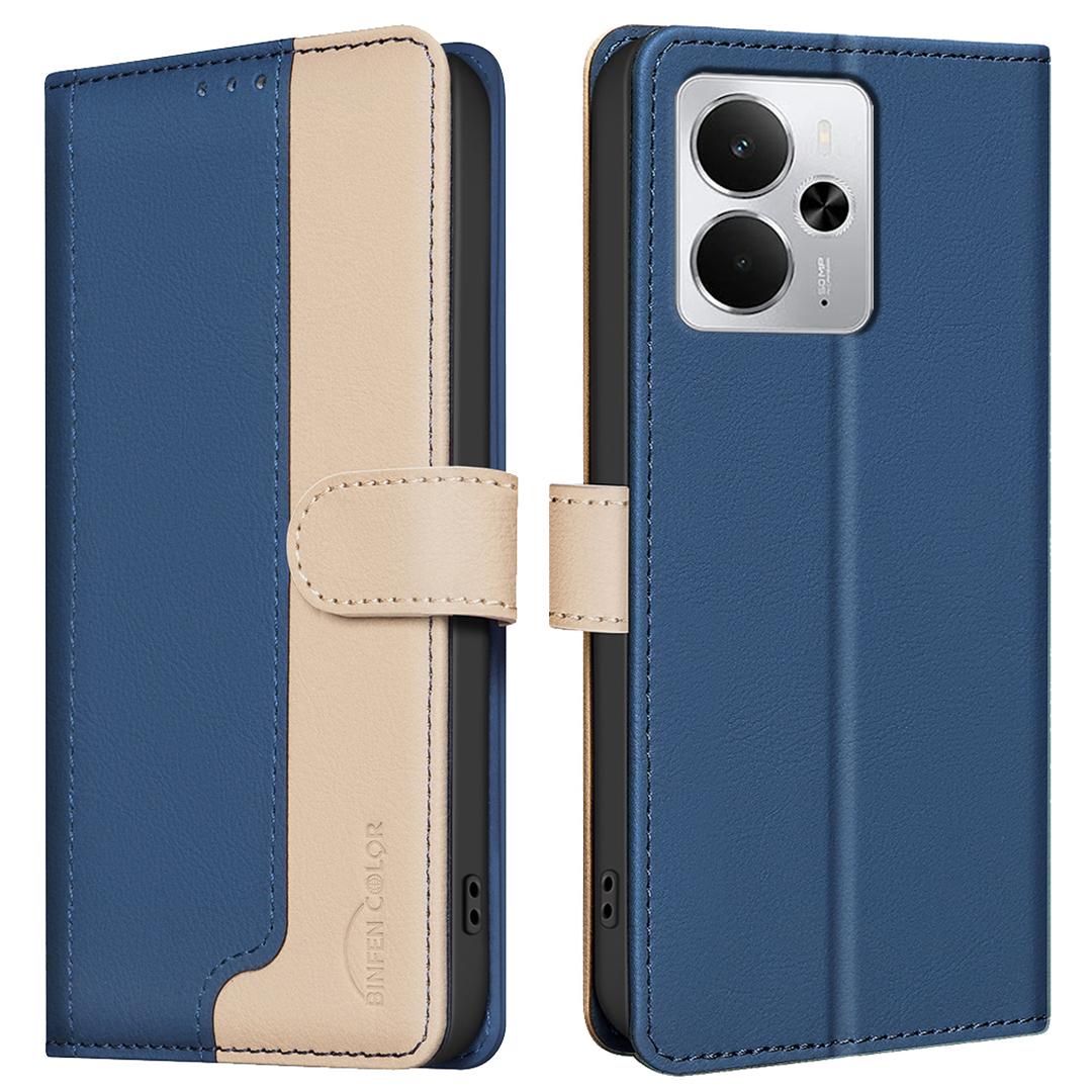 

BINFEN COLOR BF33 For Realme 14 5G Leather Case Splicing Color RFID Blocking Wallet Stand Phone Cover Blue