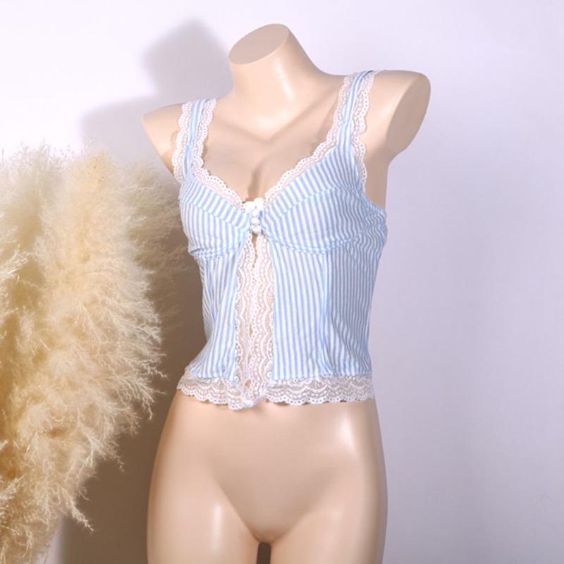 Sexy Lace Trim Striped Cropped Camisole Women Vacation Casual Tank Top