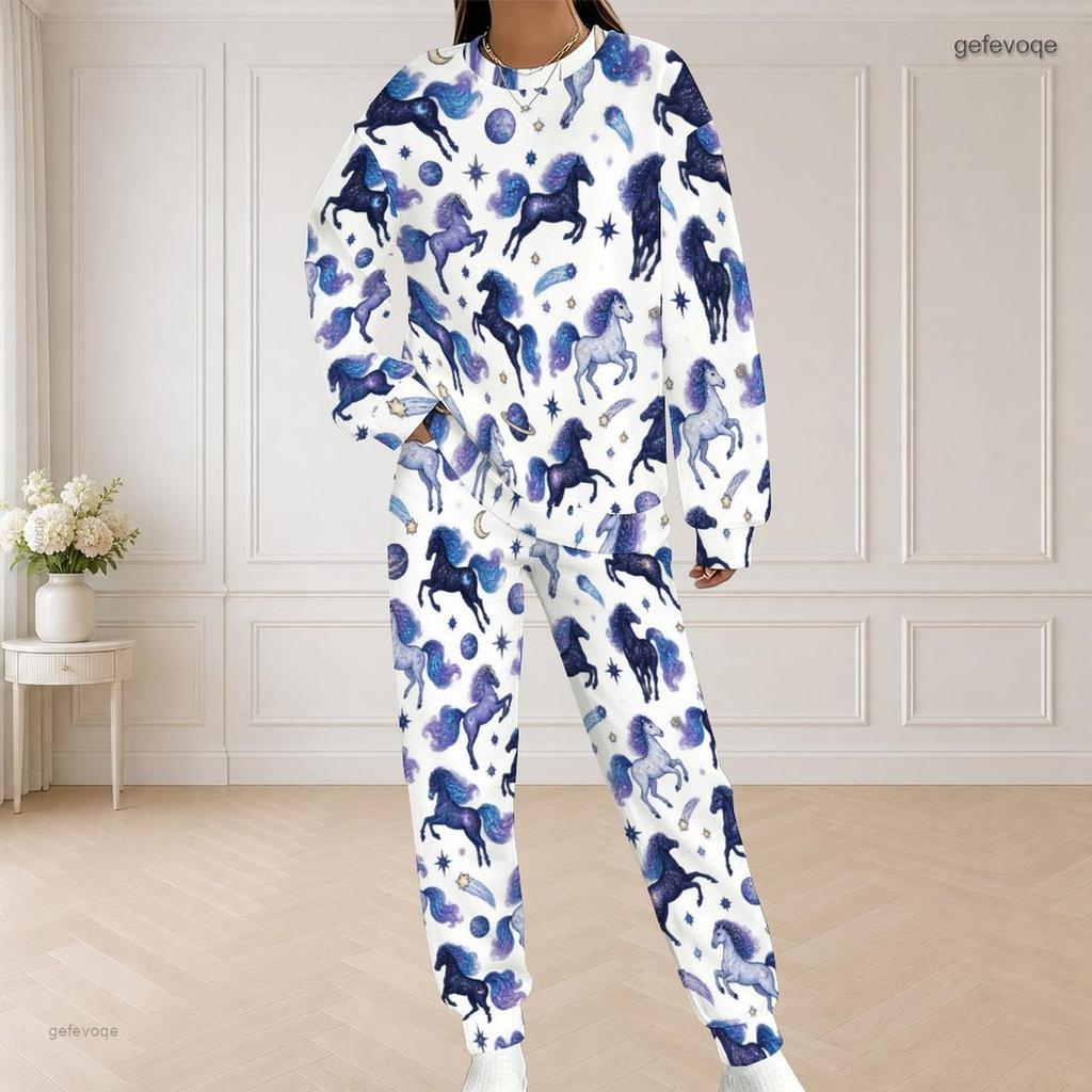Women Plus Size White Horse Football Printed Round Neck Long Sleeve Top And Pants Two Piece Set