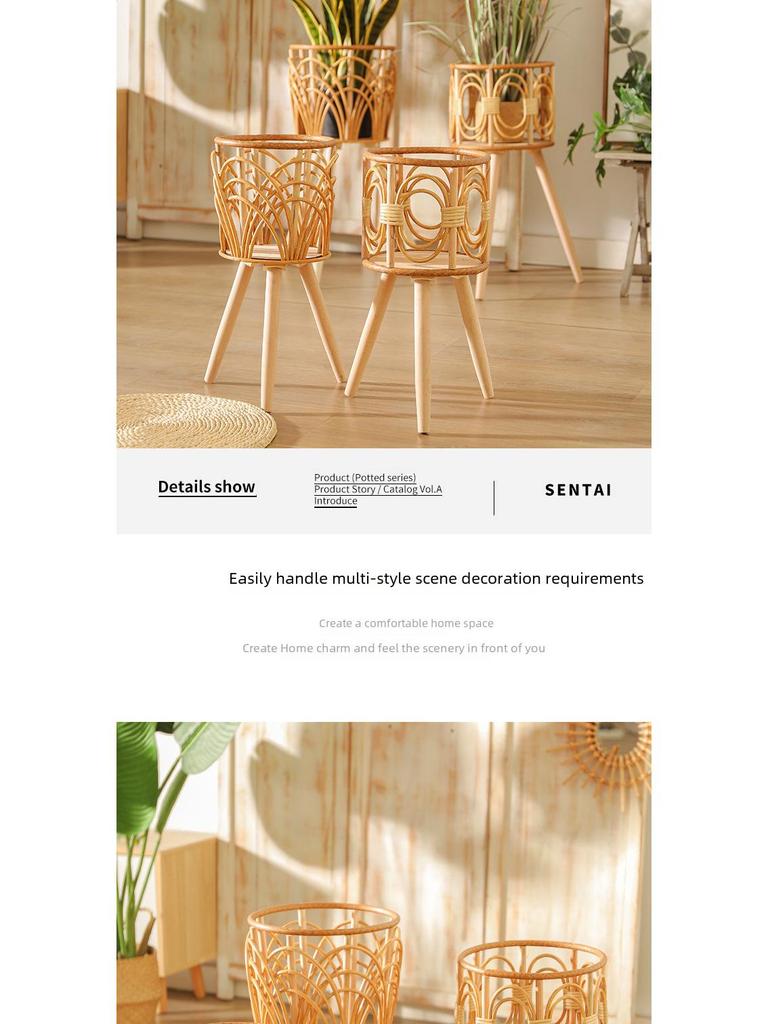 Triangle Floor-Standing Woven Rattan Flower Pot Stand