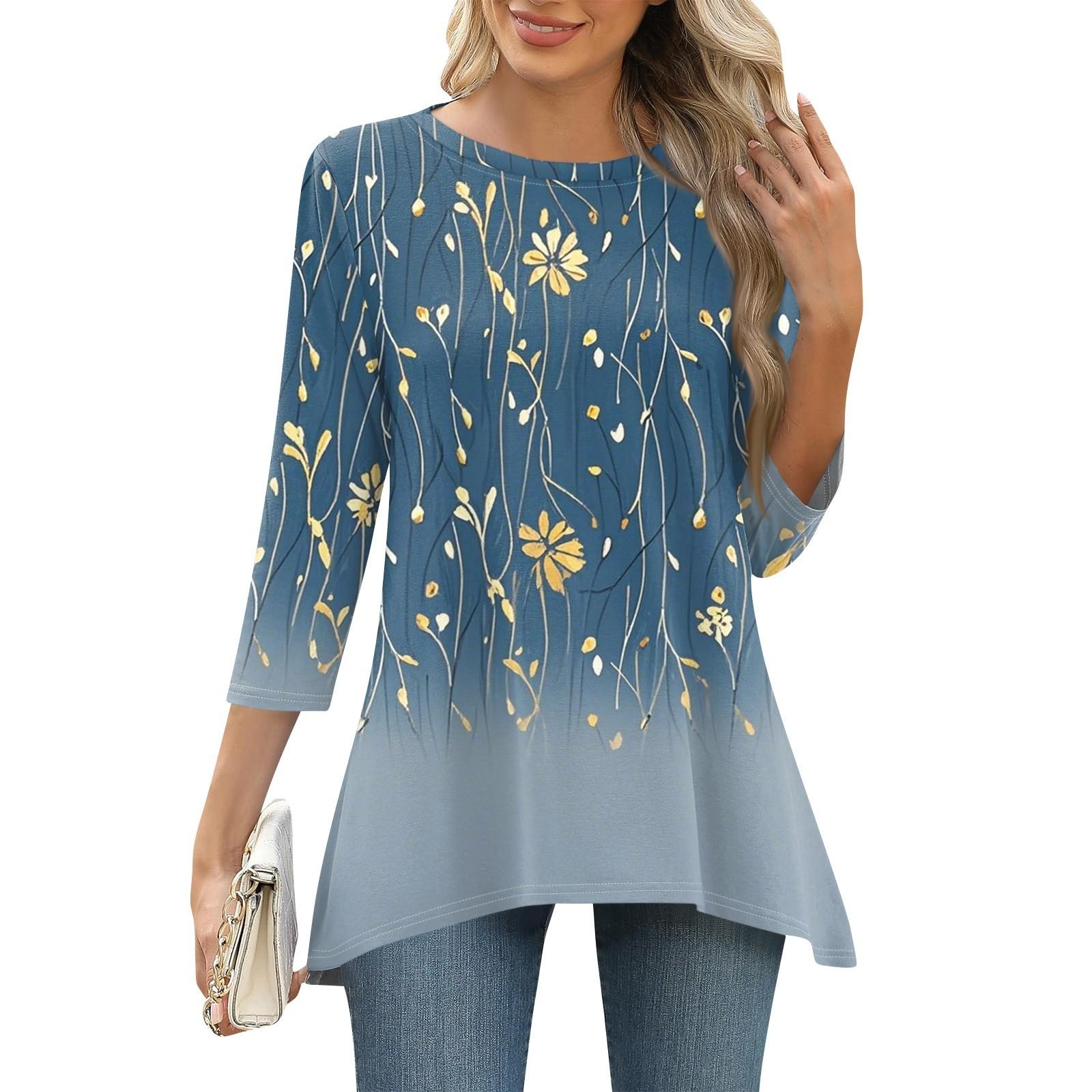 

3/4 рукав туника топы для женщин принтованный повседневный выходной свободный крой модная базовая футболка с круглым вырезом S