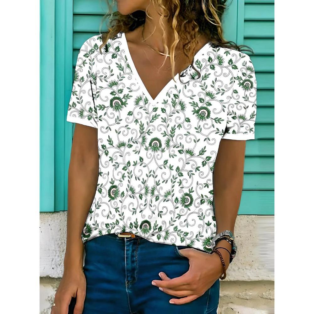 Women's T-Shirt Plant Flower Print Bohemian Style Fashion Casual Street Round Neck Oversized Summer Women's Clothing