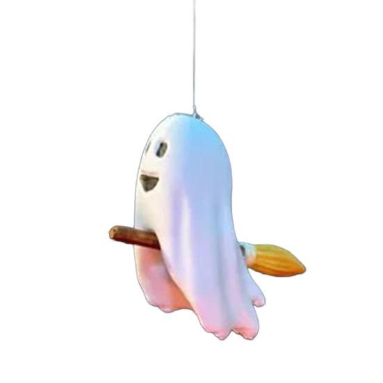 Halloween Ghost Figurine Cute Small Ghost Riding Broom Statue Mini Plastic Ghost Halloween Tabletop Decor for Tiered Tray Bookshelf Desk Decor