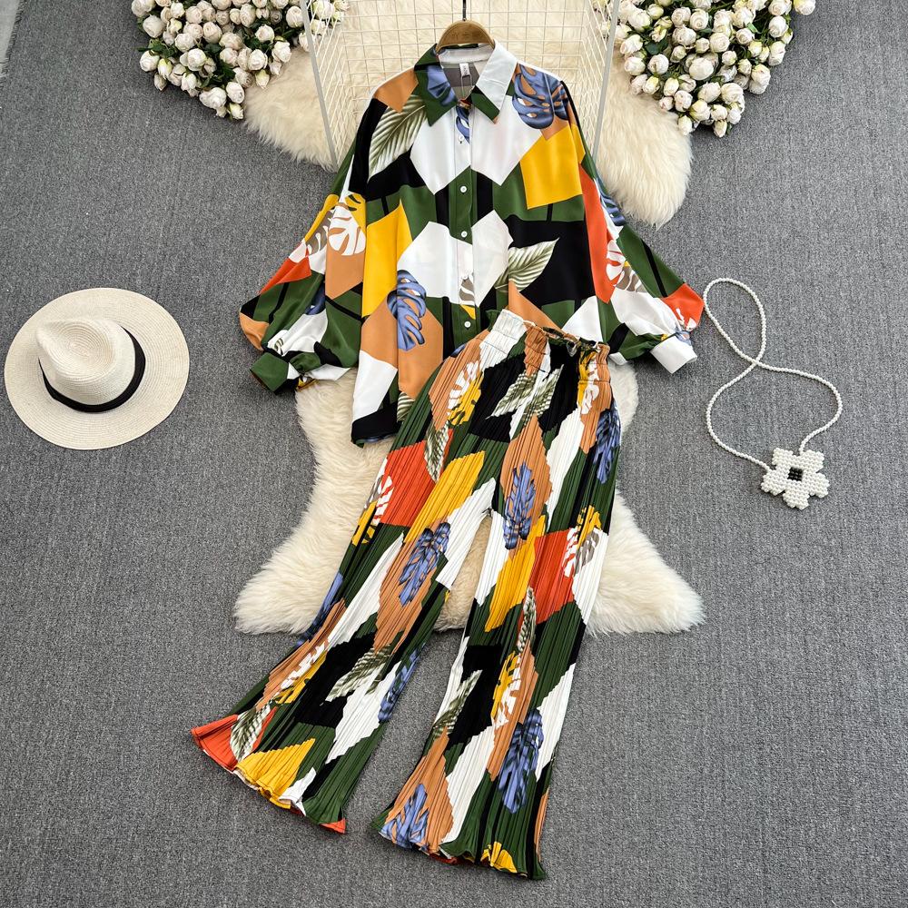 Mulheres pijamas floral casual elegante 2 peças conjunto camisas soltas topos perna larga calça terno moda feminina vintage sexy pijamas novo