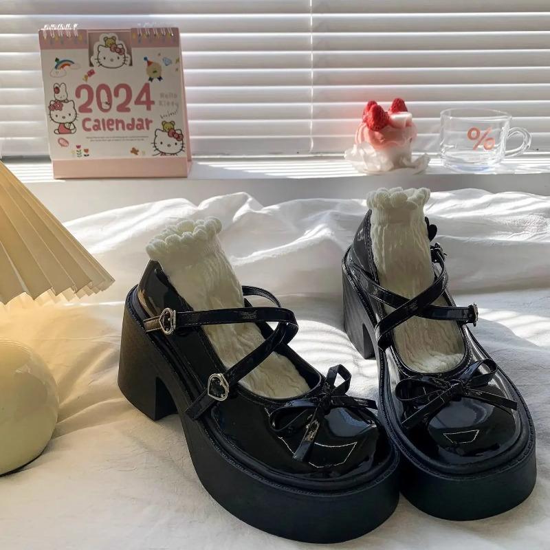 Women Shoes Japanese Style Jk Skirts Shoes Sweet Bow Mary Jane Shoes Quality Patent Leather Thick Heel Single Shoe Zapatos Mujer