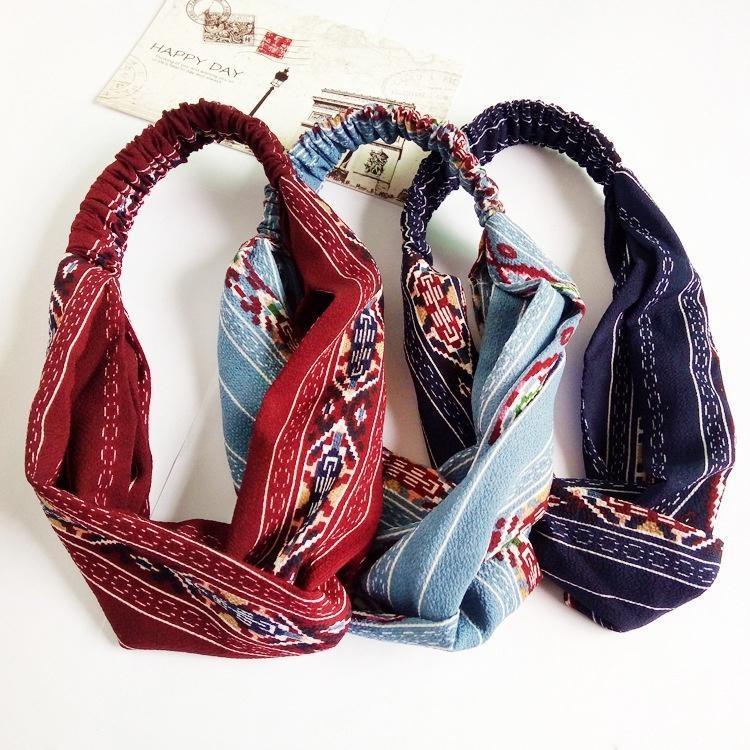 Bohemian Style Elastic Headbands  Cross Floral Turban Girls Flower Hairbands Striped Headwrap Hair Accessories for Women