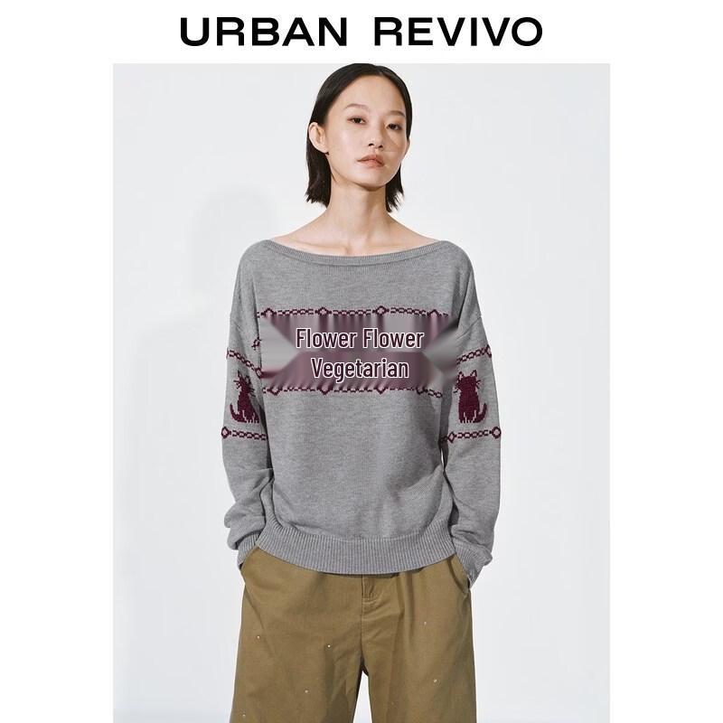 UR 2026 Spring Women s Cat Jacquard Off-Shoulder Knit Sweater L