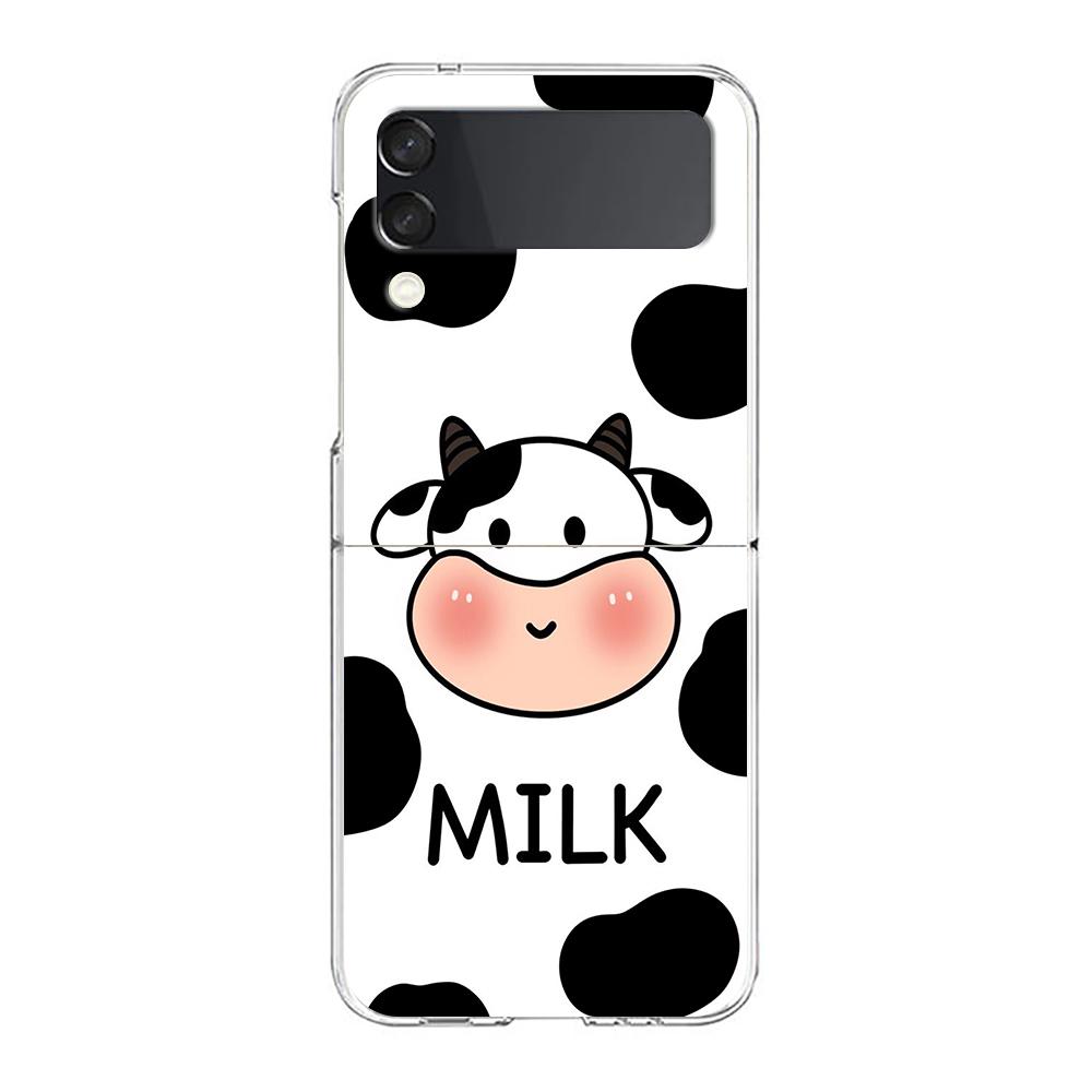 Transparent Phone Case For Samsung Galaxy Z Flip 3 4 5 6 7 Hard Folding PC Z Flip3 Flip4 Cover Dairy Cattle Cow Speckle Cute