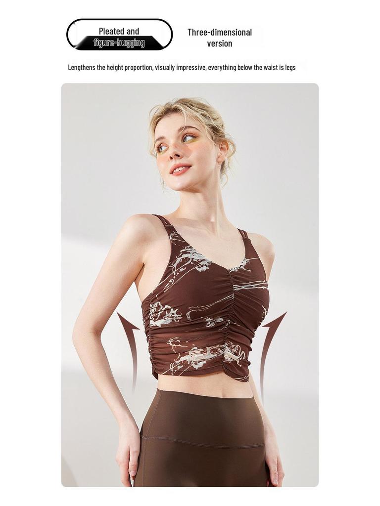 Women's Ruched Print Yoga Sports Bra with Built-in Pads & Stylish Back Design