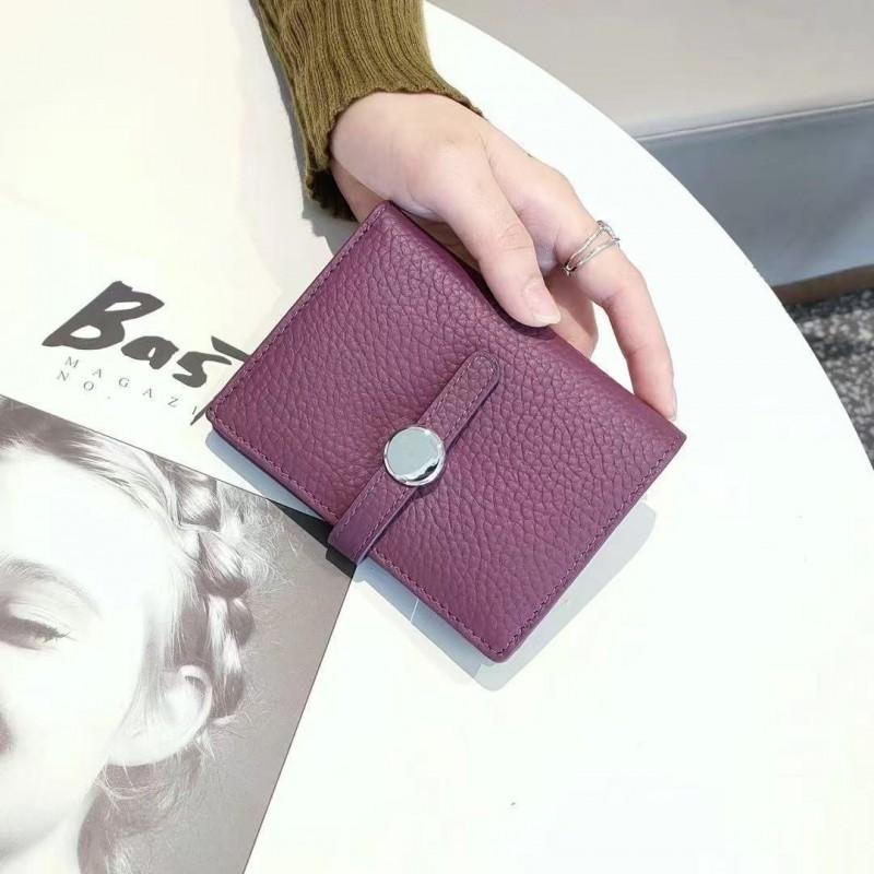 First-layer Cowhide Women's Folded Short Wallet Fashionable Authentic Leather Drawstring All-purpose Change Purse Thin Card Bag