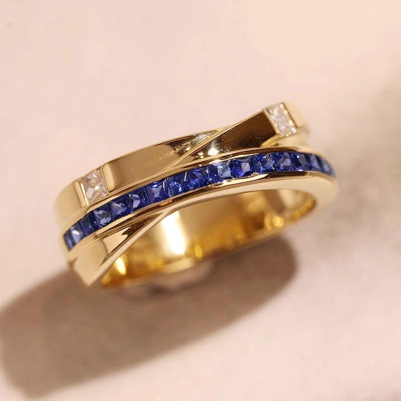 Live business style jewelry, creative double-layer design, blue diamond zircon unisex ring.