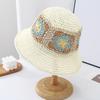 Straw Hat Bohemian Floral Pattern Foldable Beach Hat Wide Brim Hollow Design Bucket Hat Breathable Summer Accessory