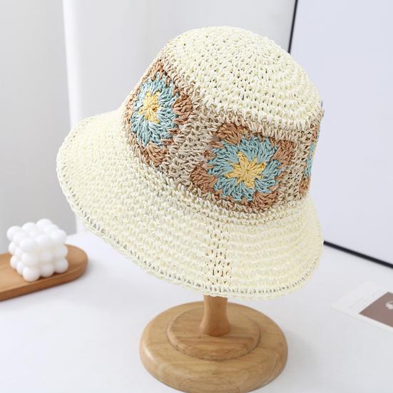 Straw Hat Bohemian Floral Pattern Foldable Beach Hat Wide Brim Hollow Design Bucket Hat Breathable Summer Accessory