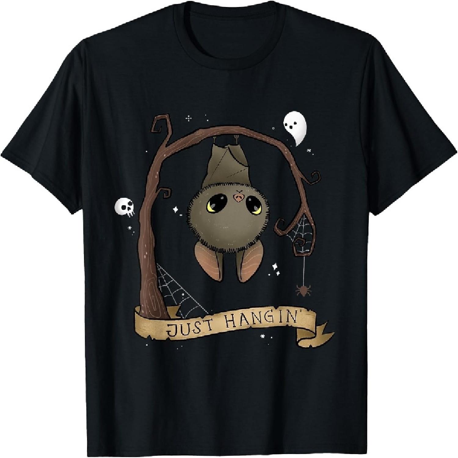 Adorable Hanging Bat Spooky Halloween Costume T-Shirt Funny Pun Gift Idea Cute Graphic Tee Tops Unisex Trendy Fashion Black S