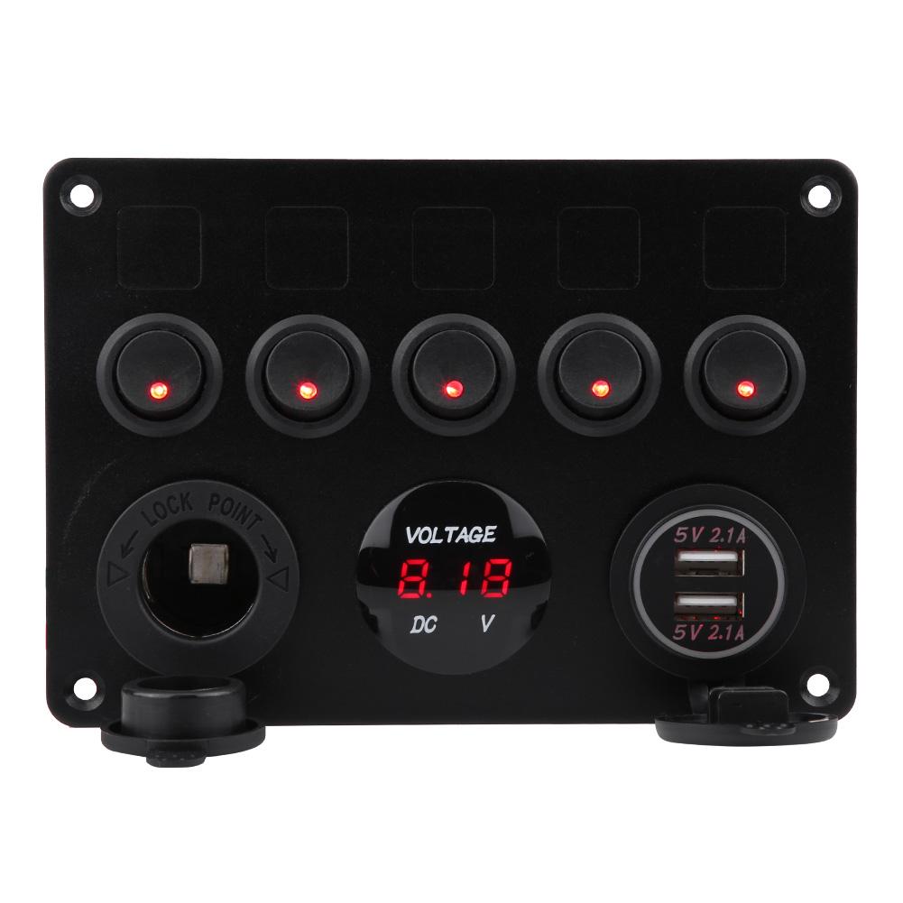 12-24V 5 Gang OnCelsiusOff Toggle   Panel Dual USB Voltmeter for Car Boat Marine Truck Green LED
