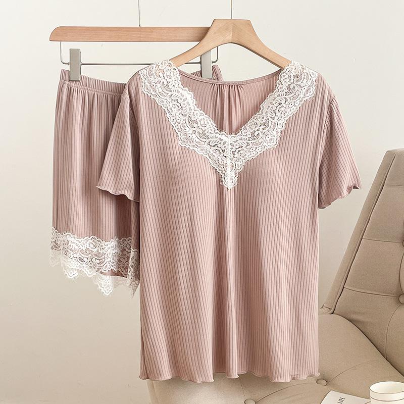 Girly Summer Pajama Set: Two-Piece Lace Home Wear, Short Sleeves & Pants, Chest Pads, Casual & Outdoor Wear