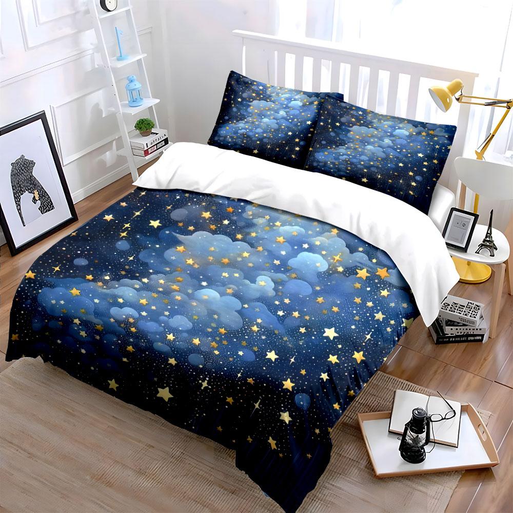 Starry Night Sky Decor Set Bedding Set with 1 Duvet Cover 2 Pillowcases Single Double King Queen, Gift